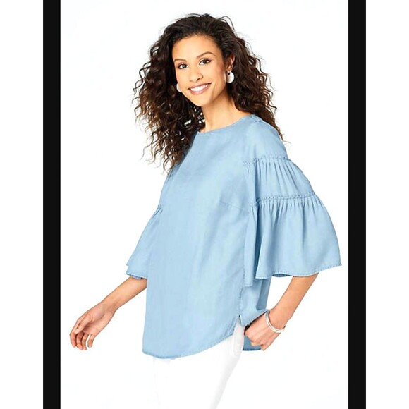 J. Jill Denim Blue Chambray Tiered Ruffle Bell Sleeve Blouse Top XLP Beachy READ - Picture 3 of 16